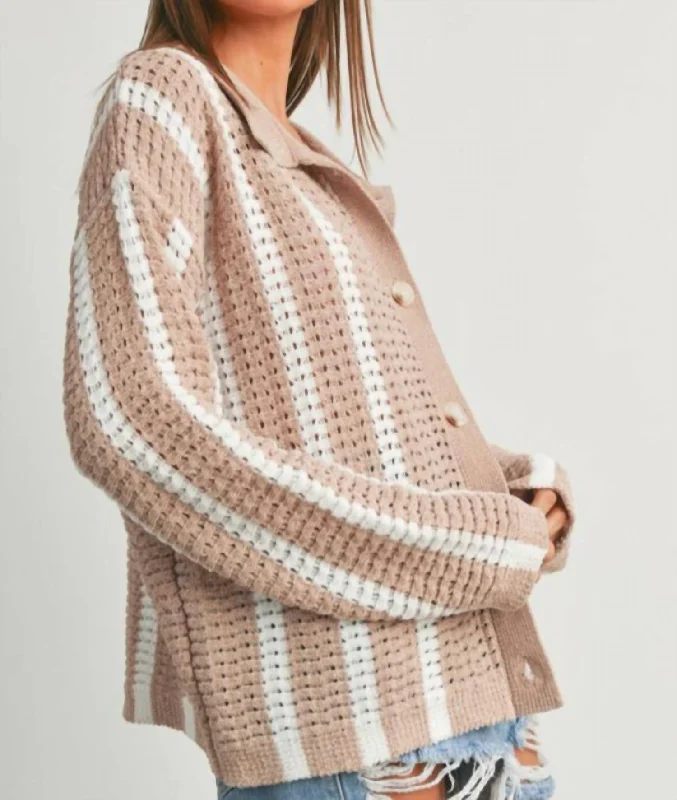 Stripe Button Front Sweater In Beige