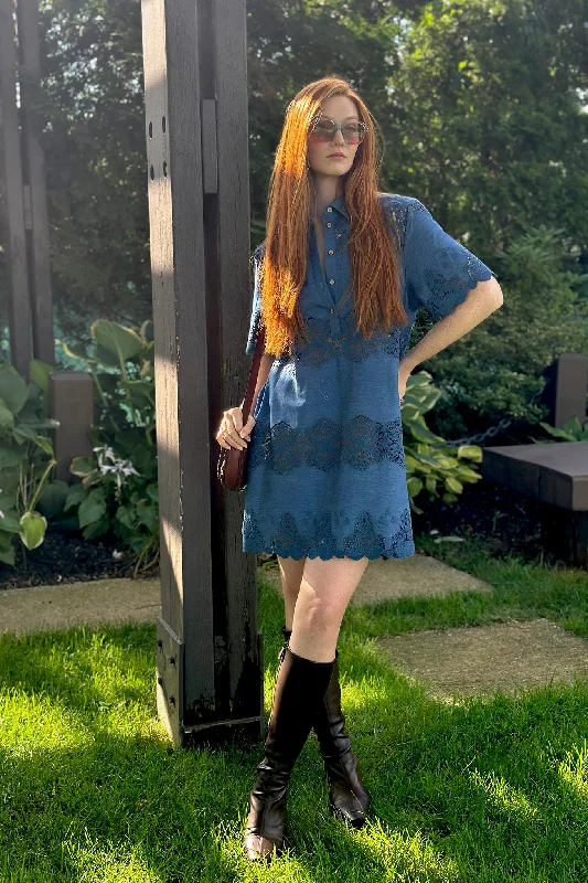 Elle Embroidered Tunic Dress in Indigo Denim