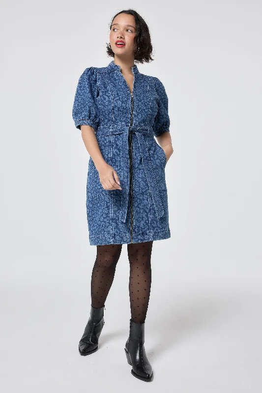 Authentic Indigo Leopard Zip Detail Short Denim Dress