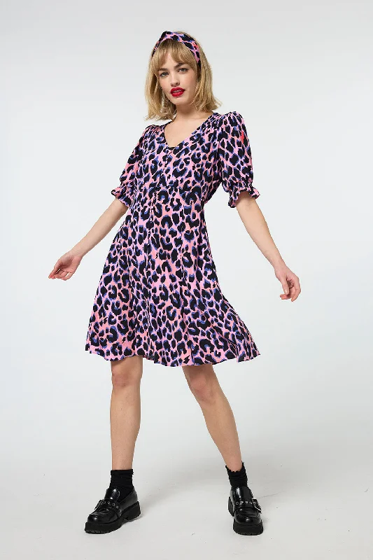 Pink with Blue and Black Shadow Leopard Short Tea Dress