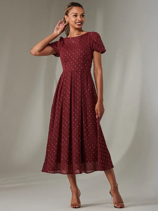 Metallic Spot Chiffon Midimix Dress, Burgundy