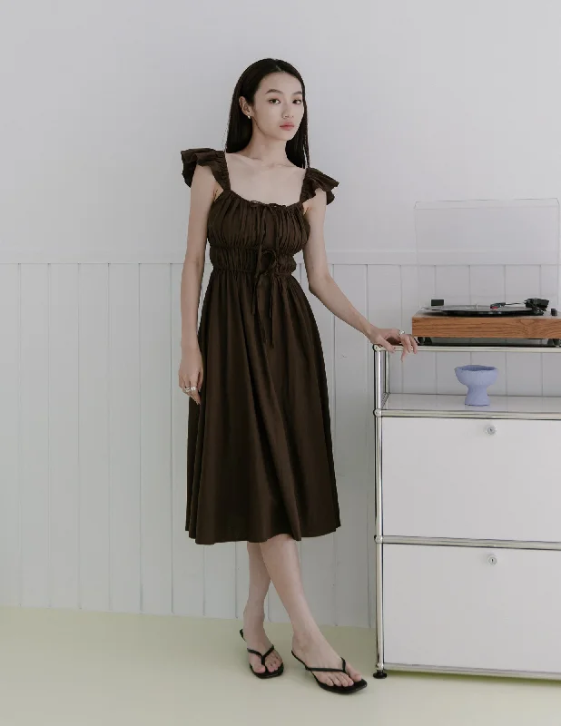 Sylvie Tie Front Linen Midi Dress in Coffee