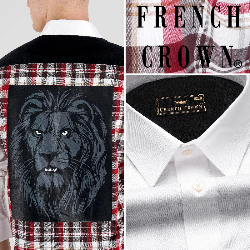 Bright White and Persian Plum Red Checkered with Lion Printed Super Soft Premium Cotton Designer Shirt