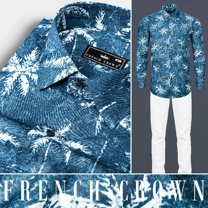 Calypso Blue with White Coconut Tree Printed Poplin Giza Cotton Shirt