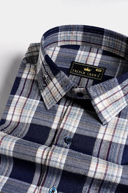 Ebony Blue and Porcelain Cream Twill Plaid Premium Cotton Shirt