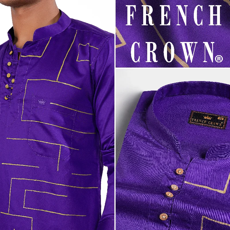 Iris Purple with Golden Hand Painted Super Soft Premium Cotton Designer Kurta Shirt