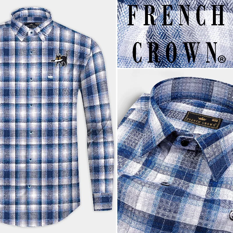 Rhino Blue and White Plaid with Animated Creature Patchwork Twill Premium Cotton Designer Shirt