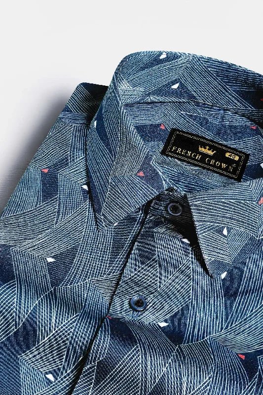 Timber Blue and White Line Waves Printed Subtle Sheen Super Soft Premium Cotton Designer Shirt