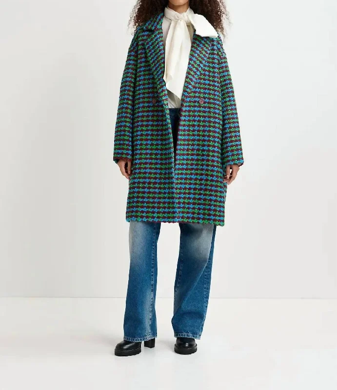 Giral Wool Tweed Oversized Coat In Blue/burgundy/green