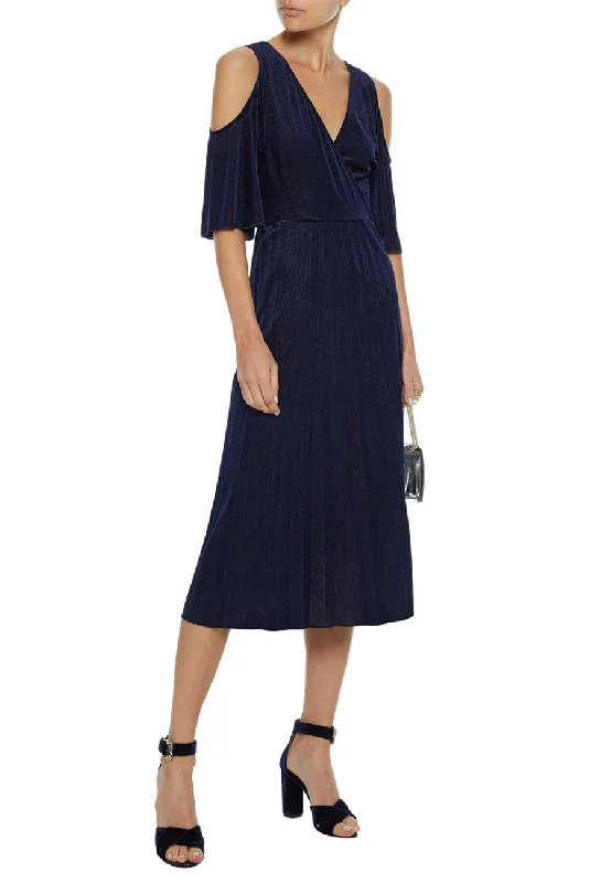 Dark Navy Ragui Pleated Velvet Midi Dress