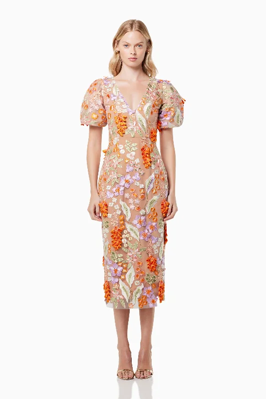 Remix 3D Floral Midi Dress In Orange