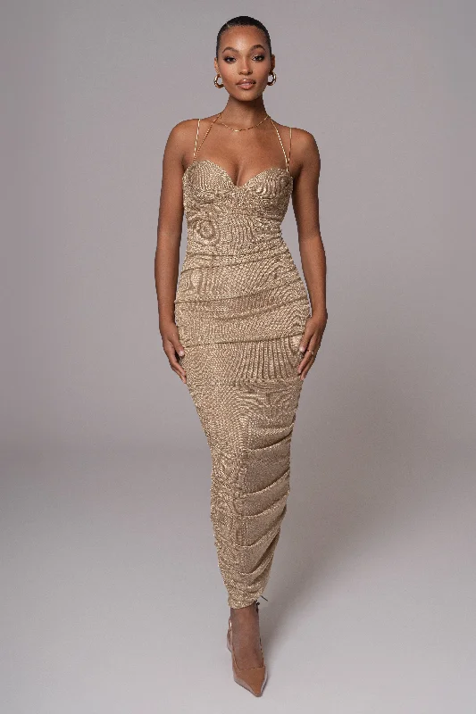 Gold Ruched Metallic Maxi Dress