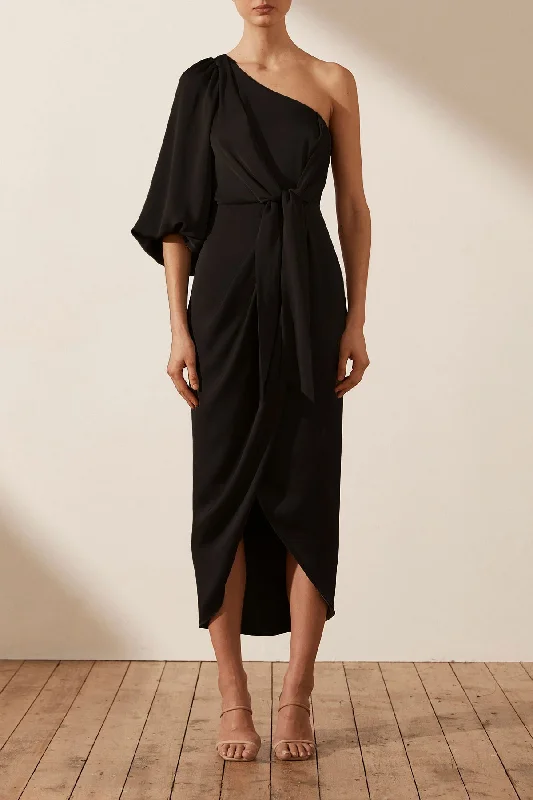 LUXE TIE FRONT ONE SHOULDER DRESS - ONYX